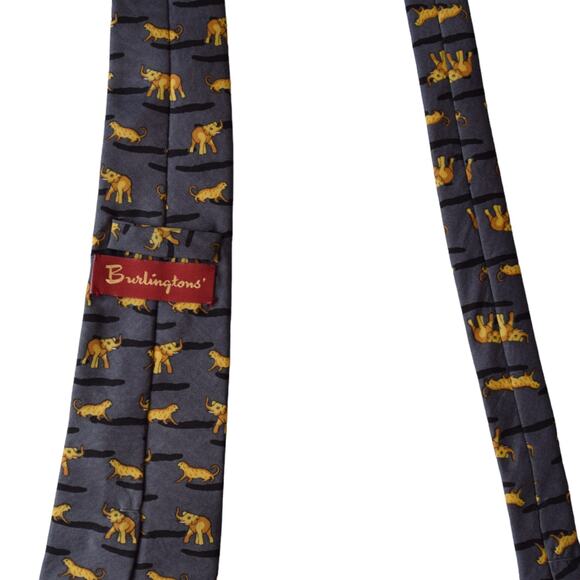Burlington Vintage Animal Print Silk Tie - Elephant & Tiger Design, Dark Gray - Picture 6 of 7